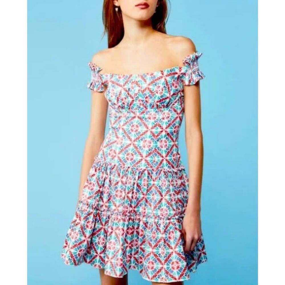 Caroline Constas Maria Square Neck Tiered Ruffle Off Shoulder Mini Dress Resort - Picture 3 of 16